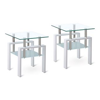 Two Layer Glass End Table With Tempered Glass Structure For Living Room Storage