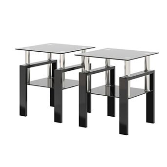 Two Piece Square Glass End Table With Black Frame For Indoor Furniture