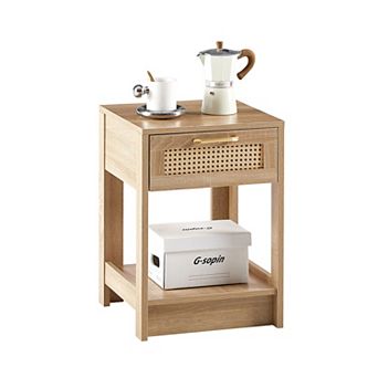Rattan End Table With Drawer Storage And Wood Legs For Living Bedroom