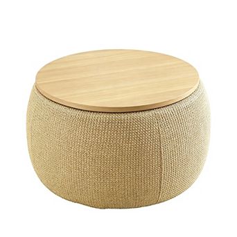 Round Storage Ottoman With Dual Purpose Design As End Table For Home
