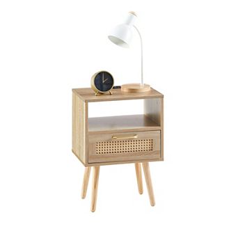 Rattan End Table With Charging Port Drawer And Wood Legs For Home Use