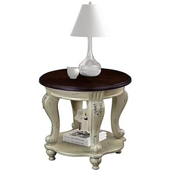Two Tone Round Side Table With Wood Shelf For Living Room Corner Placement