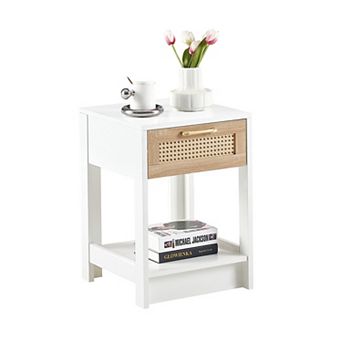 White Rattan End Table With Drawer Design And Solid Wood Legs For Indoor