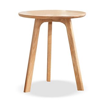 Round Oak Wood End Table With Easy Assembly For Bedroom And Balcony
