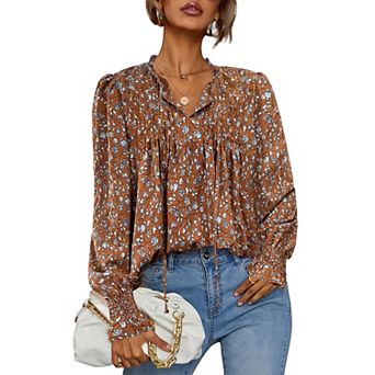 Zeagoo Woman Floral Printed Blouses Bohemian Long Sleeve Tops Boho Drawstring Shirts