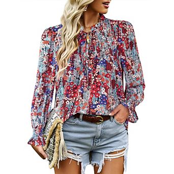 Zeagoo Woman Floral Printed Blouses Bohemian Long Sleeve Tops Boho Drawstring Shirts