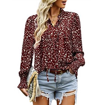 Zeagoo Woman Floral Printed Blouses Bohemian Long Sleeve Tops Boho Drawstring Shirts