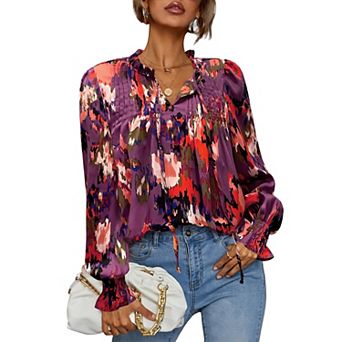 Zeagoo Woman Floral Printed Blouses Bohemian Long Sleeve Tops Boho Drawstring Shirts