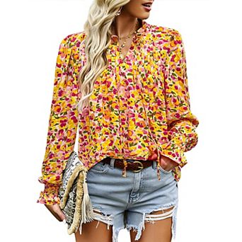 Zeagoo Woman Floral Printed Blouses Bohemian Long Sleeve Tops Boho Drawstring Shirts