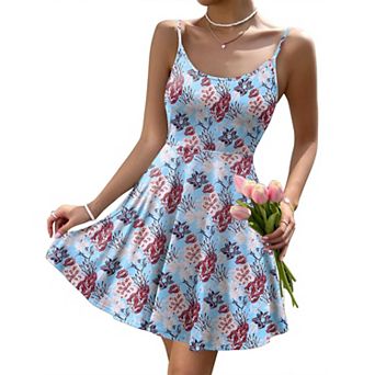 Zeagoo Women Beach Mini Dress Adjustable Spaghetti Strap A Line Swing Floral Sundress with Pockets