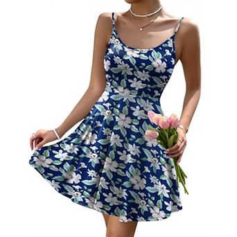 Zeagoo Women Beach Mini Dress Adjustable Spaghetti Strap A Line Swing Floral Sundress with Pockets