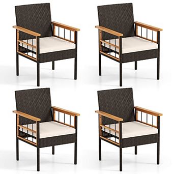 Costway Patio Dining Chairs with Removable Padded Cushion, Acacia Wood Armrests