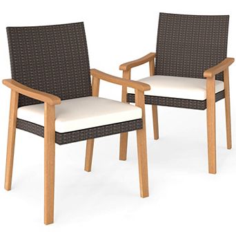 Costway Patio Dining Chair with Cushion Wood Armrests Metal Frame for Garden