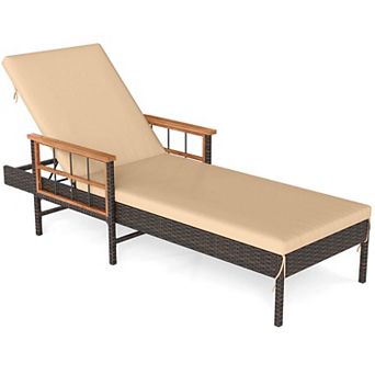 Costway Patio Rattan Chaise Lounge Outdoor Reclining Lounger Chair with Wood Armrests