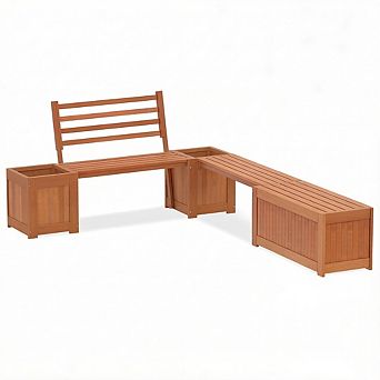 Costway Wood Planter Box Set with Bench, Hardwood Planter Box, Teak Oil Finish for Garden