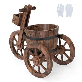 Costway Rustic Wood Tricycle Planter with Barrel Pot & Storage Box for Patio Balcony Garden