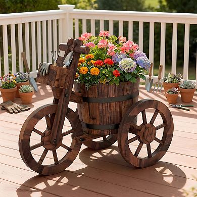 Costway Rustic Wood Tricycle Planter with Barrel Pot & Storage Box for Patio Balcony Garden