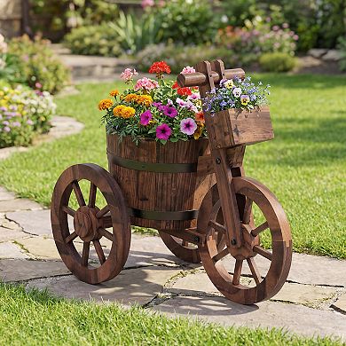 Costway Rustic Wood Tricycle Planter with Barrel Pot & Storage Box for Patio Balcony Garden