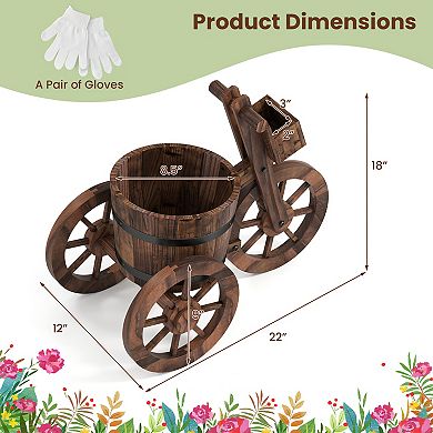 Costway Rustic Wood Tricycle Planter with Barrel Pot & Storage Box for Patio Balcony Garden
