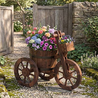 Costway Rustic Wood Tricycle Planter with Barrel Pot & Storage Box for Patio Balcony Garden