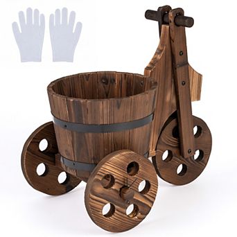 Costway Rustic Wood Tricycle Planter with Barrel Pot & Drainage for Patio Balcony Garden