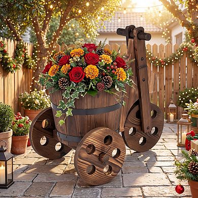 Costway Rustic Wood Tricycle Planter with Barrel Pot & Drainage for Patio Balcony Garden