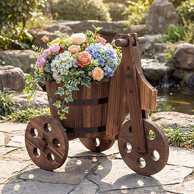 Costway Rustic Wood Tricycle Planter with Barrel Pot & Drainage for Patio Balcony Garden
