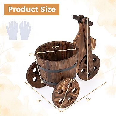 Costway Rustic Wood Tricycle Planter with Barrel Pot & Drainage for Patio Balcony Garden