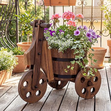 Costway Rustic Wood Tricycle Planter with Barrel Pot & Drainage for Patio Balcony Garden