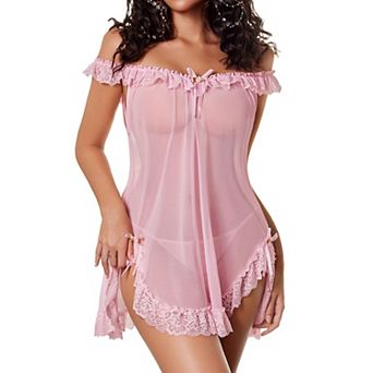 Avidlove Babydoll Lingerie for Women Mini Chemise Off Shoulder Nightie Sheer Sleepwear