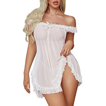 Avidlove Babydoll Lingerie for Women Mini Chemise Off Shoulder Nightie Sheer Sleepwear