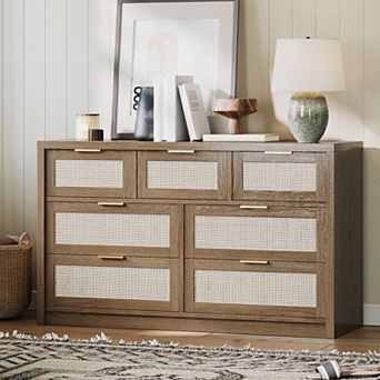 Rattan Dresser For Bedroom,7 Drawer Dresser,Chest Of Drawers,Wood TV Stand,Closet Clothes Storage