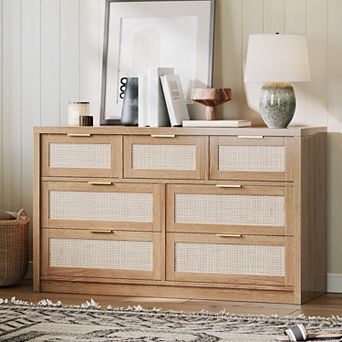 Rattan Dresser For Bedroom,7 Drawer Dresser,Chest Of Drawers,Wood TV Stand,Closet Clothes Storage