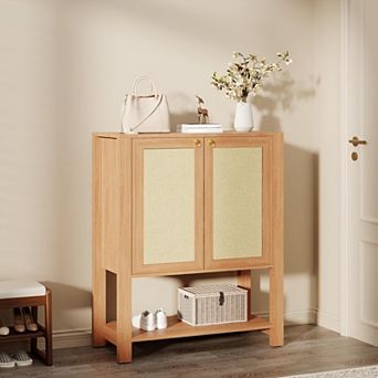 Rattan Shoe Cabinet for Entryway, Farmhouse Boho 5 tier Shoe Rack Freestanding Wood Storage Cabinet