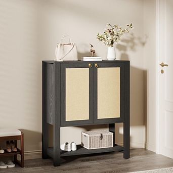 Rattan Shoe Cabinet for Entryway, Farmhouse Boho 5 tier Shoe Rack Freestanding Wood Storage Cabinet