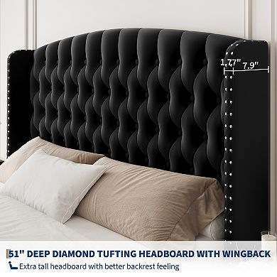 Bed Frame,Velvet Upholstered Platform Bed Frame With Deep Button Tufted Wingback Headboard,Footboard