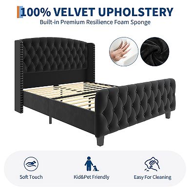 Bed Frame,Velvet Upholstered Platform Bed Frame With Deep Button Tufted Wingback Headboard,Footboard