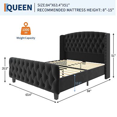 Bed Frame,Velvet Upholstered Platform Bed Frame With Deep Button Tufted Wingback Headboard,Footboard