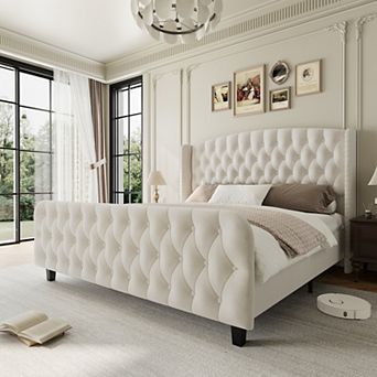 Bed Frame,Velvet Upholstered Platform Bed Frame With Deep Button Tufted Wingback Headboard,Footboard