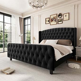 Bed Frame,Velvet Upholstered Platform Bed Frame With Deep Button Tufted Wingback Headboard,Footboard
