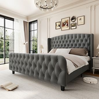 Bed Frame,Velvet Upholstered Platform Bed Frame With Deep Button Tufted Wingback Headboard,Footboard
