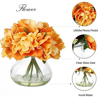 Realistic Silk Peony Artificial Flowers Arrangement with Glass Vase,Faux Water