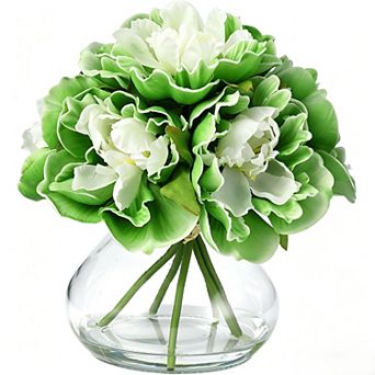 Realistic Silk Peony Artificial Flowers Arrangement with Glass Vase,Faux Water