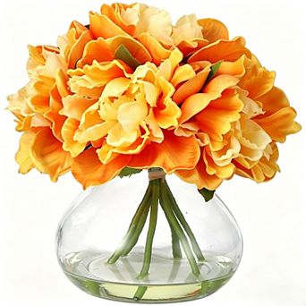 Realistic Silk Peony Artificial Flowers Arrangement with Glass Vase,Faux Water