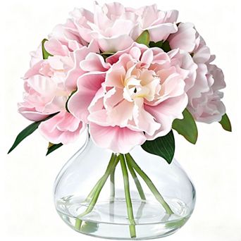 Realistic Silk Peony Artificial Flowers Arrangement with Glass Vase,Faux Water