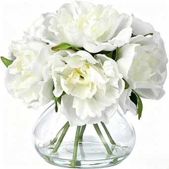 Realistic Silk Peony Artificial Flowers Arrangement with Glass Vase,Faux Water