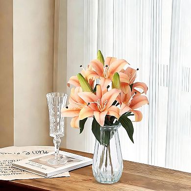 6 Pcs Real Touch Artificial Tiger Lily Flowers with Vase, 3 Stems 6 Blooms