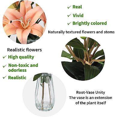 6 Pcs Real Touch Artificial Tiger Lily Flowers with Vase, 3 Stems 6 Blooms