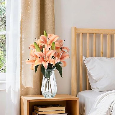 6 Pcs Real Touch Artificial Tiger Lily Flowers with Vase, 3 Stems 6 Blooms