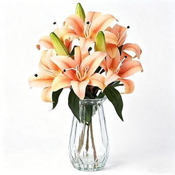 6 pc Real Touch Artificial Tiger Lily Flowers with Vase, 3 Stems 6 Blooms